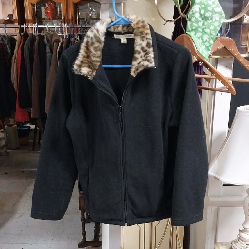 Carolyn Taylor Black Jacket with Leopard Faux Fur Collar
